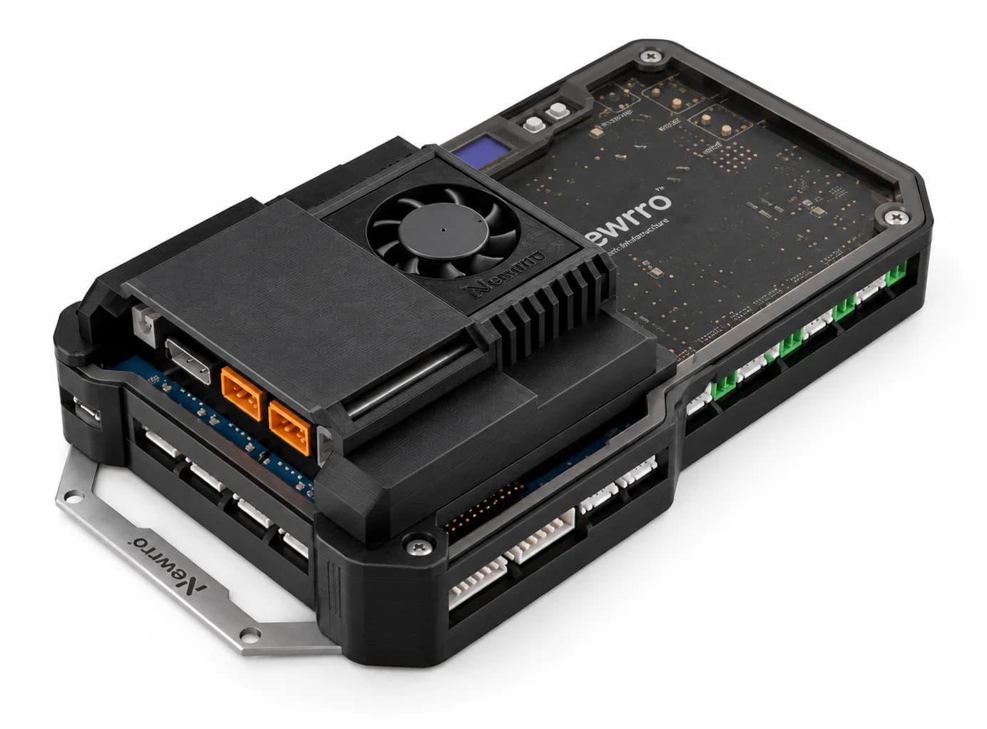 JetRick edge AI controller with its Jetson module and heatsink, three-quarter view