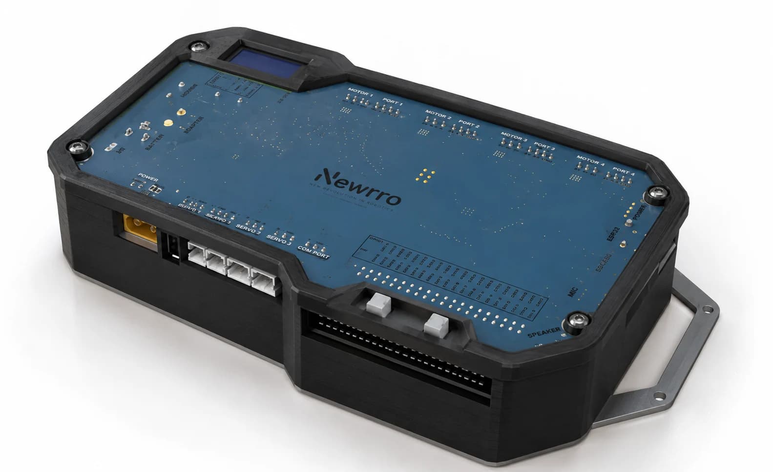Newrick controller from the front left, showing the power and motor connectors